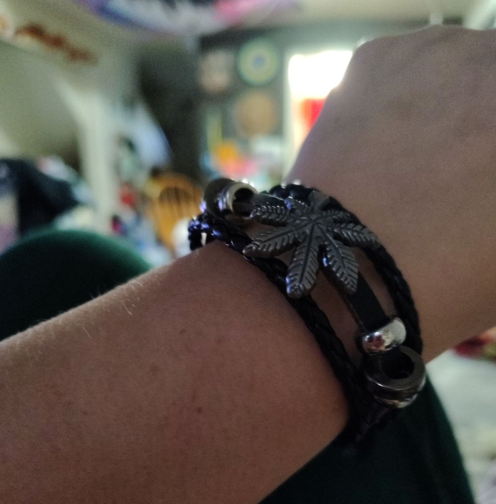 Men's Black Braided Bracelet with Silver Leaf Charm And Leather Strap